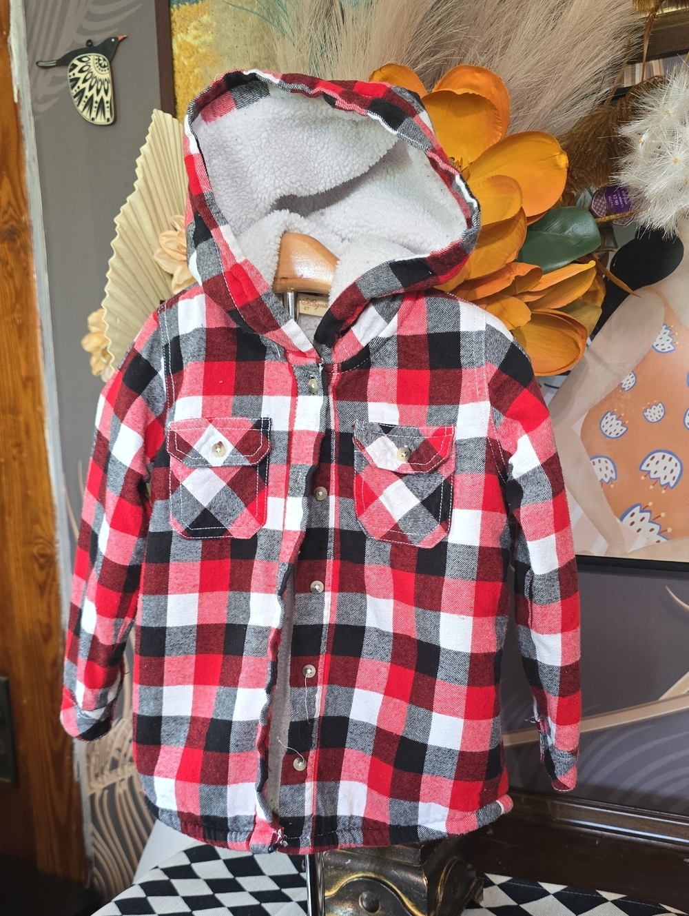 Kids 4t Red Black & White Plaid Sherpa-Lined Hooded Shirt Jacket